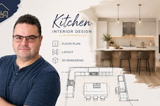 design kitchen interior, floor plan, layout and photorealistic 3d rendering