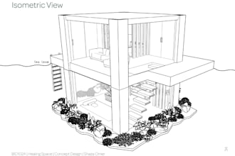 draft elevation orthographic drawings, isometric plan view for building exterior