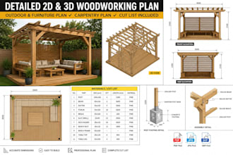 create detail 2d 3d outdoor woodworking, furniture plan, carpentry with cut list