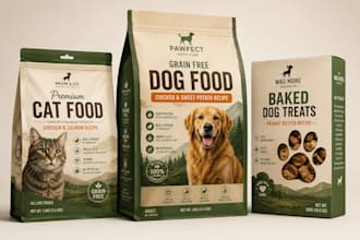 design custom pet food packaging, pouch, can, box, bag and supplement packaging