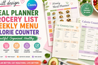 design canva meal planner grocery list weekly menu calorie counter