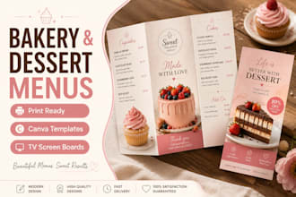 design a creative bakery menu card and dessert flyer for your business