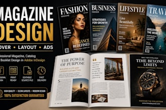 design a professional magazine, magazine cover, layout and magazine ad