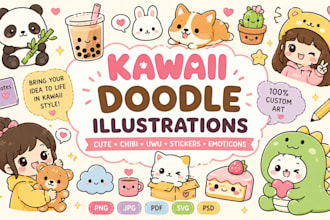 create cute kawaii illustrations, chibi characters, doodles and stickers