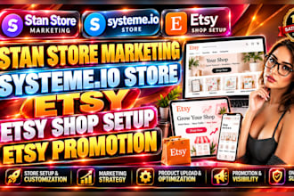 do stan store marketing, systeme io store, etsy, etsy shop setup, etsy promotion