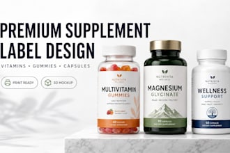 design supplement bottle labels for vitamins, gummies and health wellness brands