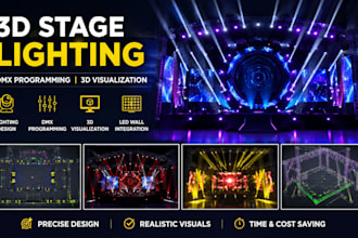 design 3d stage lighting, dmx programming and realistic visualization for events