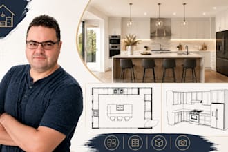 kitchen remodel design, floor plan, cabinet layout and realistic 3d render