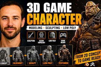 do 3d game character, 3d character modeling, 3d sculpting and low poly 3d model