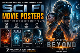 design epic sci fi movie, vintage posters with futuristic cinematic visuals