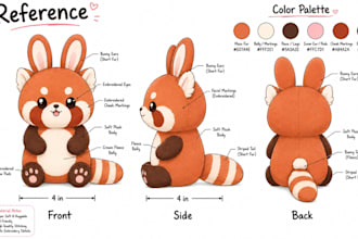 design plushie reference sheet, kawaii, stuffed animal character ych concept