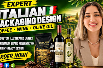 design italian custom coffee bag, wine olive oil label with illustrated branding