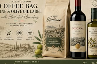 design italian custom coffee bag, wine olive oil label with illustrated branding