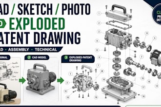 convert cad sketch photo to exploded view patent drawing assembly illustration