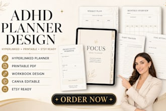 design etsy adhd planner, hyperlinked planner, printable workbook for goodnotes