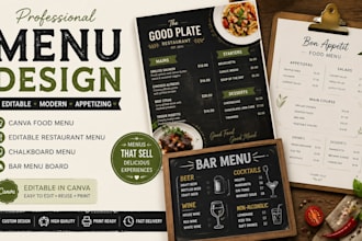 design canva food menu, editable restaurant menu, chalkboard menu bar menu board