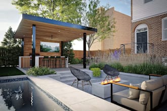 design luxury backyard pool, patio pargol outdoor kitchen and 3d landscape