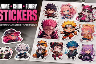 design anime sticker sheet, chibi furry sticker,  kawaii anime charcter sticker