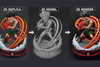 convert 2d to 3d printable model figurine sculpt stylised 3d character, 2d to 3d