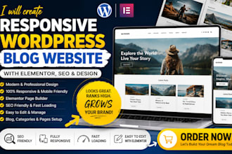 create a responsive wordpress blog webseite with elementor, SEO and design