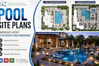 design pool contractor site plans, hardscape layout, 3d outdoor living rendering