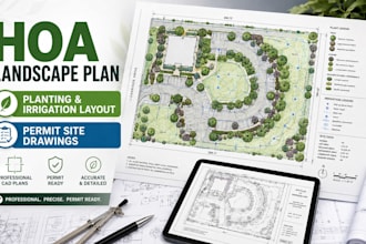 design hoa landscape plan, planting irrigation layout and permit site drawings