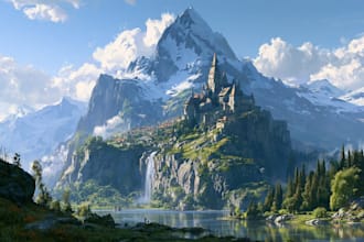 draw fantasy landscape illustration, gaming or card background