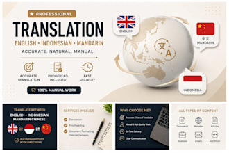 professionally translate english, indonesian, and mandarin chinese