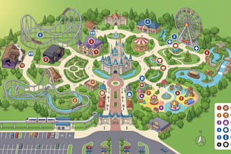 design custom 2d and 3d illustrated theme park map, zoo map and attraction maps
