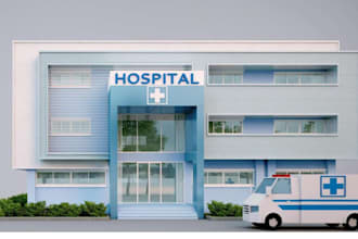 create 3d interior and exterior render of medical center hospital clinic