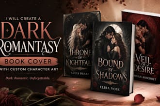 create a dark romantasy book cover with custom character art