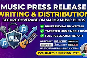 write music press release, distribute PR, promote music PR on major music blogs