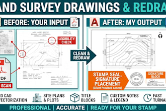 provide land survey drawings and redraw with stamp, signature, seal placement