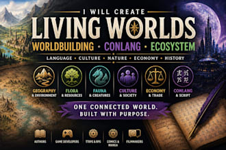 create fantasy sci fi world building, conlang and fictional ecosystem