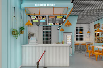 design restaurant, cafe, coffee shop and fast food interior in 3d