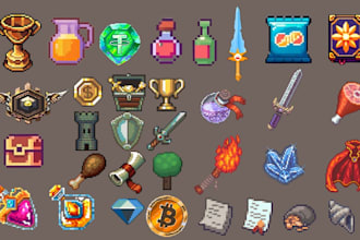 create pixel art game assets logo icons props inventory weapons collectibles