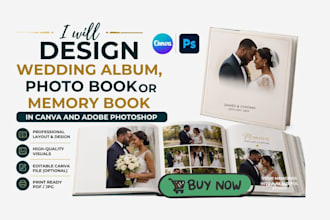 design a wedding album, photo book or memory book in canva and adobe photoshop