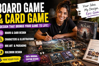 design board game, card game, box art, characters, illustrations and rulebook