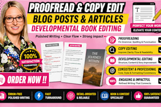 proofread and copy edit your blog post or article, developmental book editing