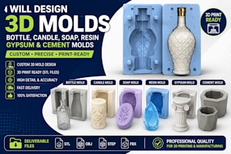 design 3d bottle molds, candle, soap, resin, gypsum and cement molds