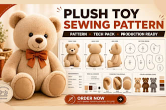 design a plush toy sewing pattern and tech pack ready for production