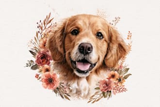 draw custom pet portrait in unique floral tattoo style
