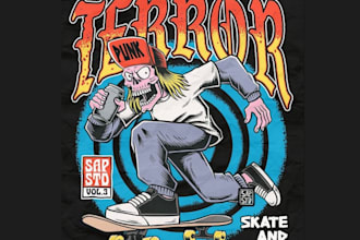 design a retro cartoon skate t shirt logo with custom vector artwork