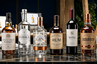 do label design or logo for wine, tequila, vodka, gin, liquor, whiskey, mockup