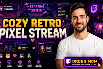 design cozy retro pixel art, twitch overlays, emotes, panels for live stream