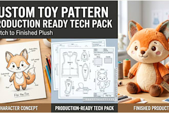 design custom plush sewing pattern tech pack stuffed toy ready for production