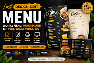 design, edit digital menu, menu board or printable price list