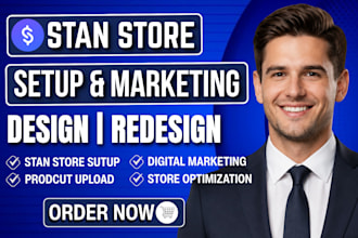 setup and design stan store website, landing page for digital proudcut marketing