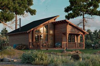 build tiny cabin house,rustic interior cgi, kitchen cabinet,timber visualization