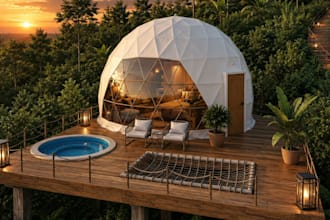 create 3d glamping dome, geodesic dome, glamping resort, tiny home 3d rendering